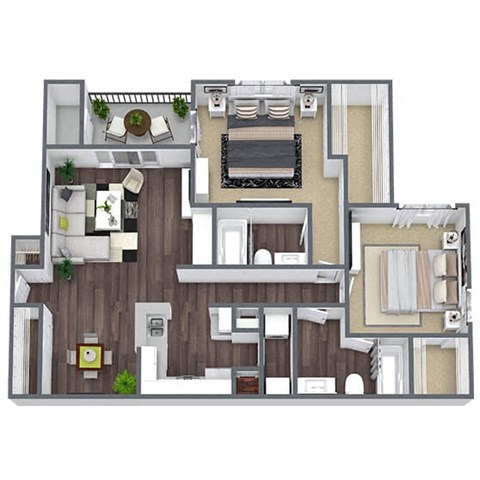 Floor plan for 2 beds, 2 baths, 1040 sqft