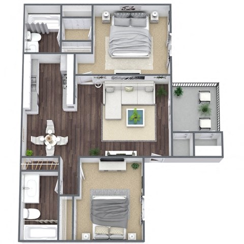 Floor plan for 2 beds, 2 baths, 882 sqft