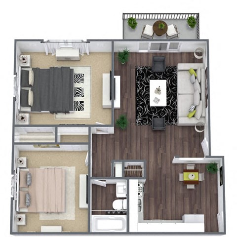 Floor plan for 2 beds, 1 bath, 730 sqft