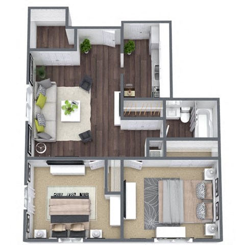 Floor plan for 2 beds, 1 bath, 740 sqft