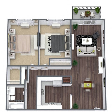 Floor plan for 2 beds, 1 bath, 865 sqft