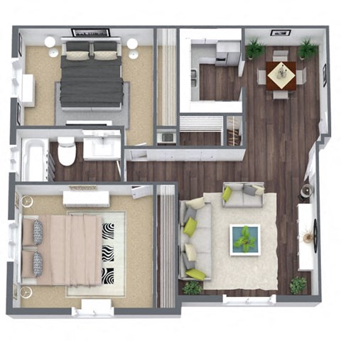 Floor plan for 2 beds, 1 bath, 885 sqft