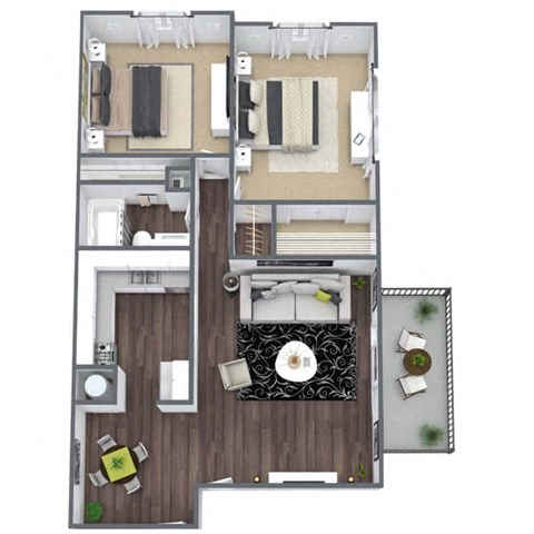 Floor plan for 2 beds, 1 bath, 905 sqft