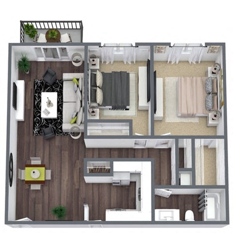 Floor plan for 2 beds, 1 bath, 940 sqft