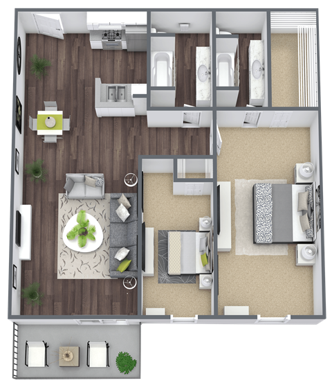 Floor plan for 2 beds, 2 baths, 1064 sqft