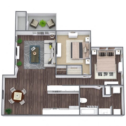 Floor plan for 2 beds, 1 bath, 860 sqft