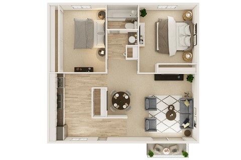 Floor plan for 2 beds, 1 bath, 890 sqft