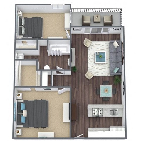 Floor plan for 2 beds, 1 bath, 788 sqft
