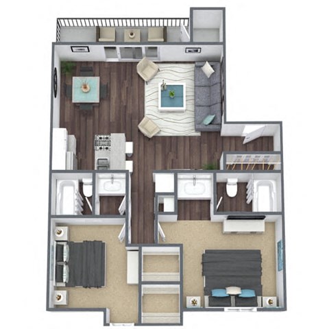 Floor plan for 2 beds, 2 baths, 876 sqft