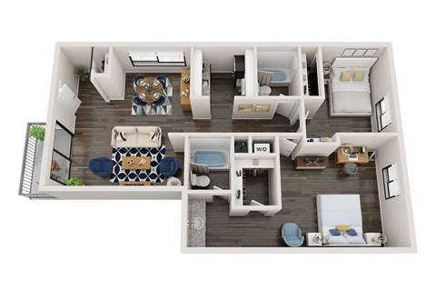 Floor plan for 2 beds, 2 baths, 942 sqft