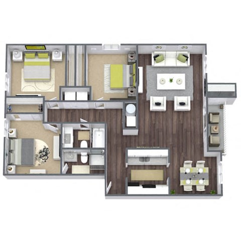 Floor plan for 3 beds, 2 baths, 1241 sqft