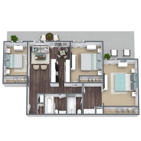 Floor plan for 3 beds, 2 baths, 1063 sqft