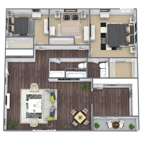 Floor plan for 3 beds, 1.5 baths, 977 sqft