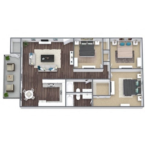 Floor plan for 3 beds, 2 baths, 1280 sqft
