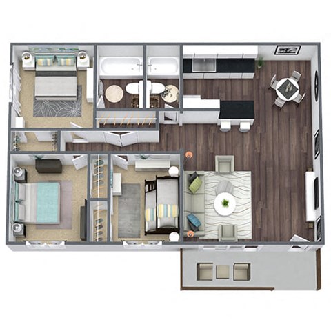 Floor plan for 3 beds, 2 baths, 1025 sqft