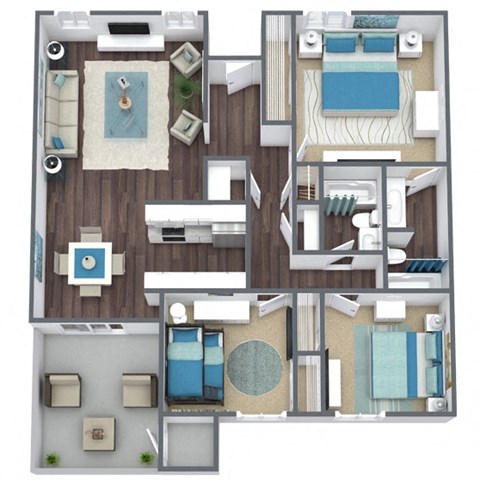 Floor plan for 3 beds, 2 baths, 1105 sqft