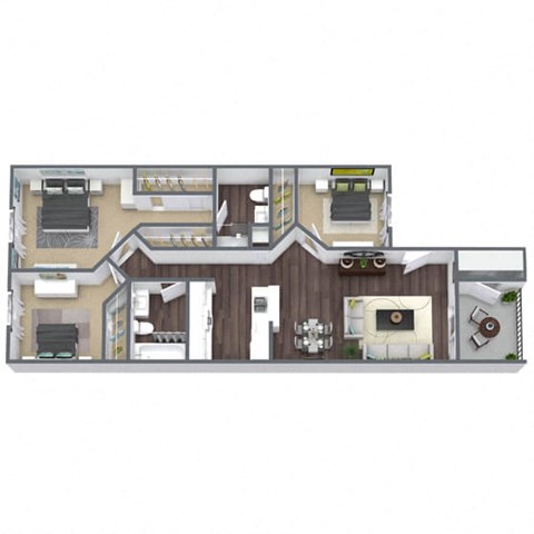 Floor plan for 3 beds, 2 baths, 937 sqft