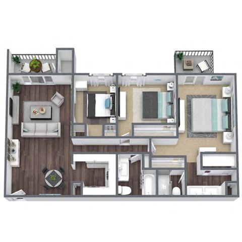 Floor plan for 3 beds, 2 baths, 1250 sqft