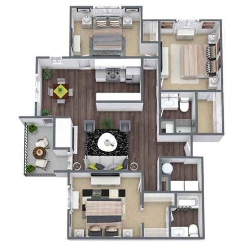 Floor plan for 3 beds, 2 baths, 1129 sqft