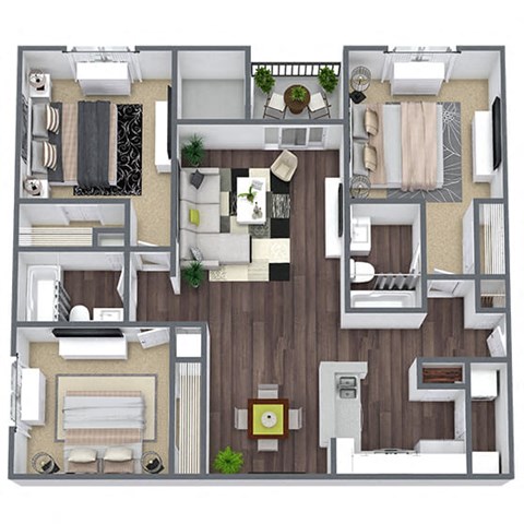 Floor plan for 3 beds, 2 baths, 1160 sqft