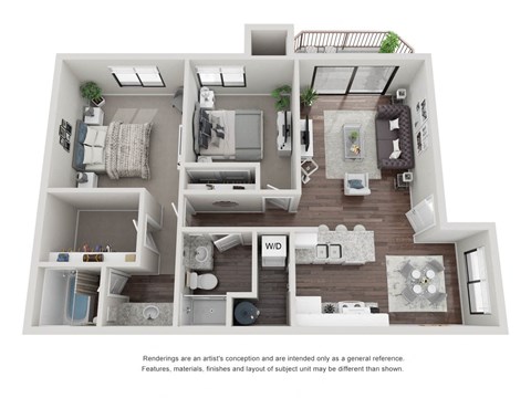 Floor plan for 2 beds, 2 baths, 940 sqft