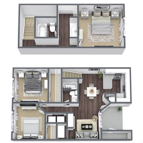 Floor plan for 3 beds, 2 baths, 1197 sqft