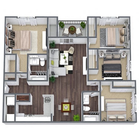 Floor plan for 4 beds, 2 baths, 1200 sqft