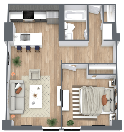 Floor plan for 1 bed, 1 bath, 619 sqft