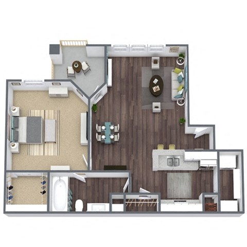 Floor plan for 1 bed, 1 bath, 667 sqft