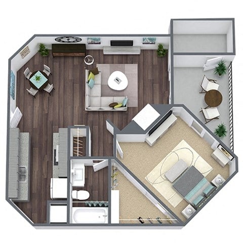 Floor plan for 1 bed, 1 bath, 726 sqft