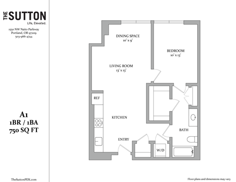 Floor plan for 1 bed, 1 bath, 750 sqft