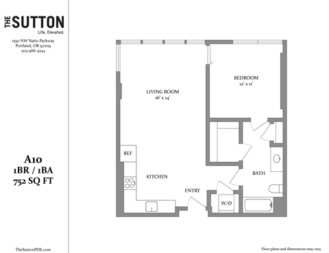 Floor plan for 1 bed, 1 bath, 752 sqft