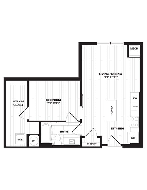 Floor plan for 1 bed, 1 bath, 654 sqft