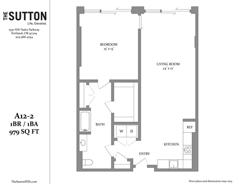 Floor plan for 1 bed, 1 bath, 979 sqft