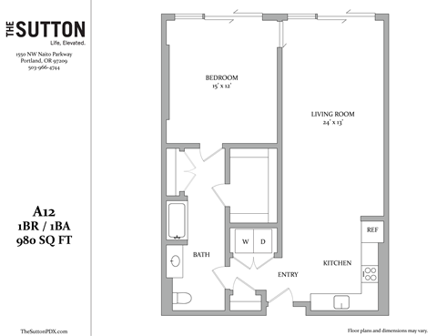 Floor plan for 1 bed, 1 bath, 980 sqft