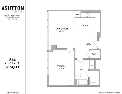 Floor plan for 1 bed, 1 bath, 712 sqft