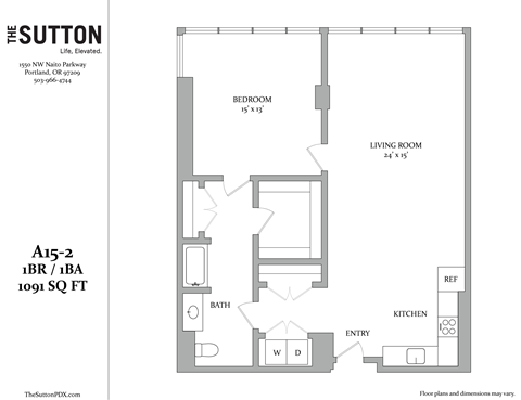 Floor plan for 1 bed, 1 bath, 1091 sqft