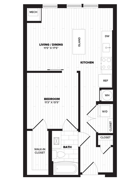 Floor plan for 1 bed, 1 bath, 619 sqft