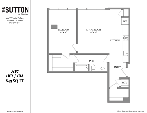 Floor plan for 1 bed, 1 bath, 845 sqft