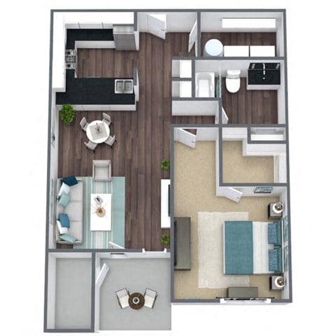 Floor plan for 1 bed, 1 bath, 890 sqft
