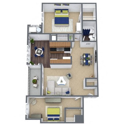 Floor plan for 2 beds, 1 bath, 960 sqft