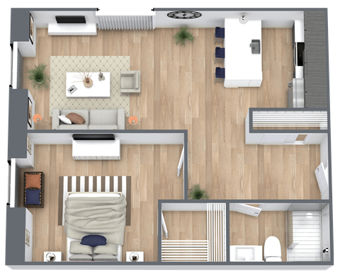 Floor plan for 1 bed, 1 bath, 645 sqft