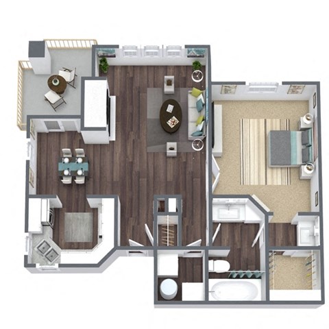 Floor plan for 1 bed, 1 bath, 722 sqft