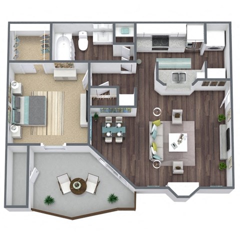 Floor plan for 1 bed, 1 bath, 677 sqft