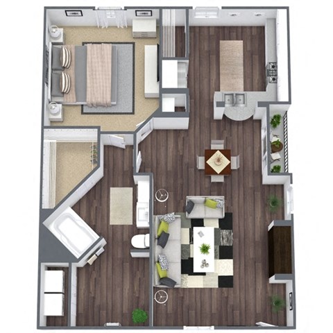 Floor plan for 1 bed, 1 bath, 852 sqft