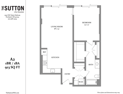 Floor plan for 1 bed, 1 bath, 923 sqft