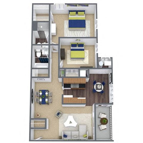 Floor plan for 2 beds, 2 baths, 998 sqft