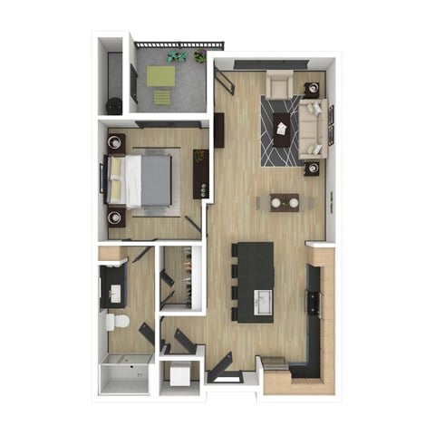 Floor plan for 1 bed, 1 bath, 744 sqft