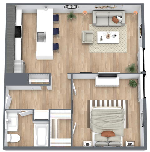 Floor plan for 1 bed, 1 bath, 784 sqft