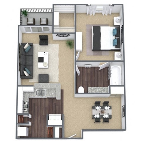 Floor plan for 1 bed, 1 bath, 728 sqft